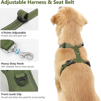 VavoPaw Dog Seat Belt Harness for Car, Dog Car Harness Adjustable Mesh Breathable & Dogs Seatbelt Safety Tether with Elastic Bungee for Small Medium Large Pets(Army Green, L)