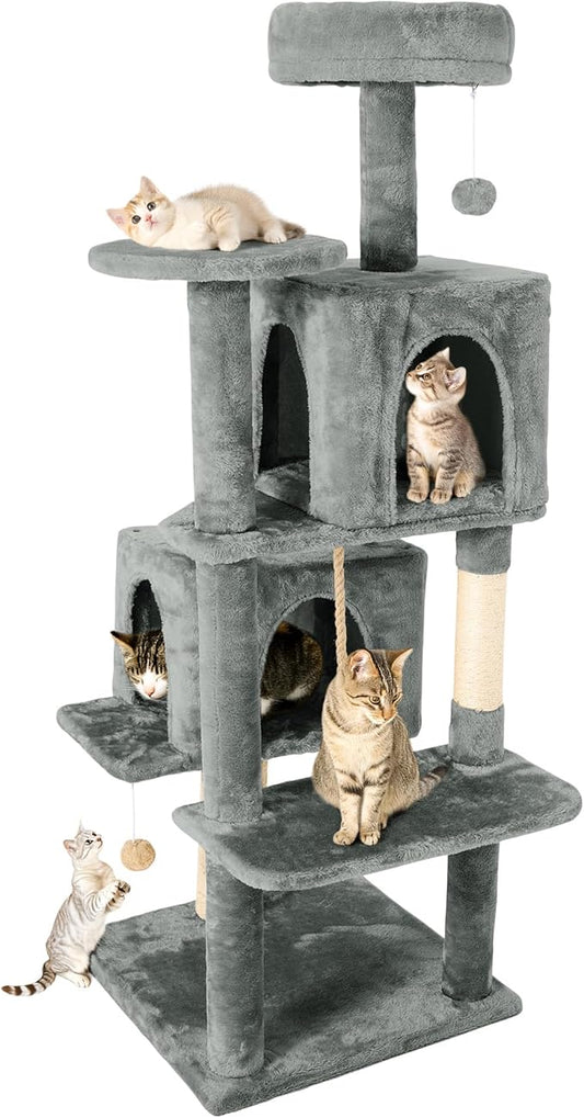 58in Large Cat Tree Tower for Indoor Cats with Soft Plush Hang Ball, Two Condos, Sisal Scratch Posts & Rope Play for Kittens/Adult Cats, Grey