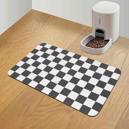 Checkered Dog Food Mat, Absorbent Leak-Proof Pet Feeding Mat, Quick Dry Cat Food Mat for Messy Drinkers 12" x 20" Black