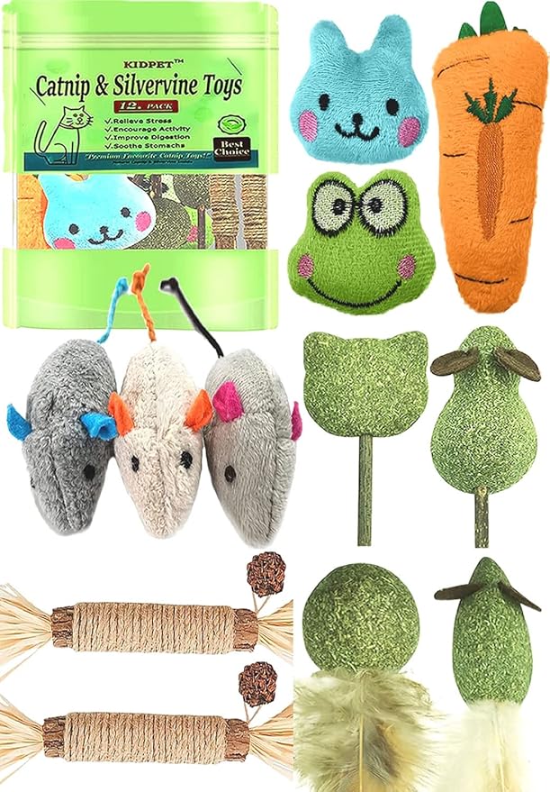 12 Pack Catnip Toys for Cats, Silvervine Sticks, Catnip Balls, Cat Nip Mice, Kicker Toys, Silver Vine Organic Chew Toys, Kitten Teething Toy,Interactive Enrichment (Green)