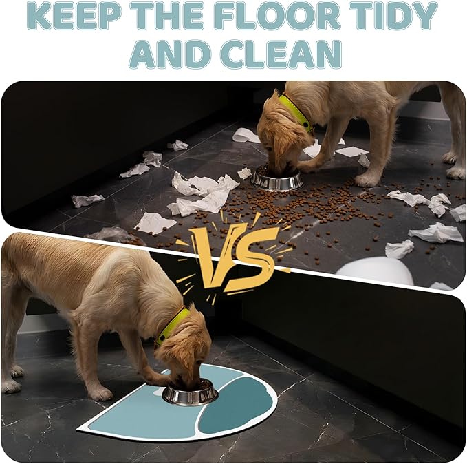 Pet Feeding Mat Semicircle, 20''x12'' Absorbent Mat for Cat Dog Water Bowl, Quick Dry Dog Water Dispenser Mat, Easy Store Cat Food Mats Wipe Clean, Fit with Cage, Living Room, Garden, Dark Teal