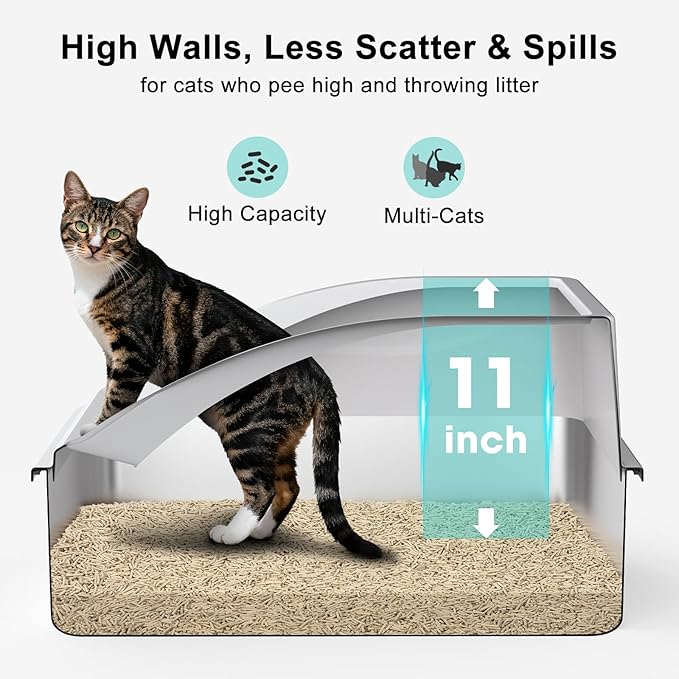 2 Pack Stainless Steel Litter Box | XL Enclosed Cat Litter Boxes with Lid for Big Cats and Multi-Cats | High Sided, Anti-Urine Leakage | Non-Stick Bottom（Silver Gray）