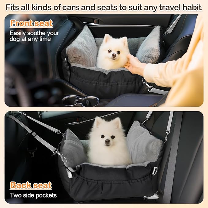 SIVES Dog Car Seat for Small Dogs, Soft Booster Seat Travel Bed with Side Flaps, Non-Slip Base, Seat Belt Straps + Safety Tether, Storage Pocket, Washable Cushion, Recommended Up to 33 lbs, Black