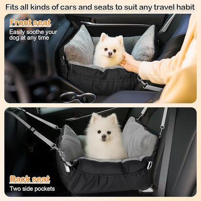 SIVES Dog Car Seat for Small Dogs, Soft Booster Seat Travel Bed with Side Flaps, Non-Slip Base, Seat Belt Straps + Safety Tether, Storage Pocket, Washable Cushion, Recommended Up to 33 lbs, Black