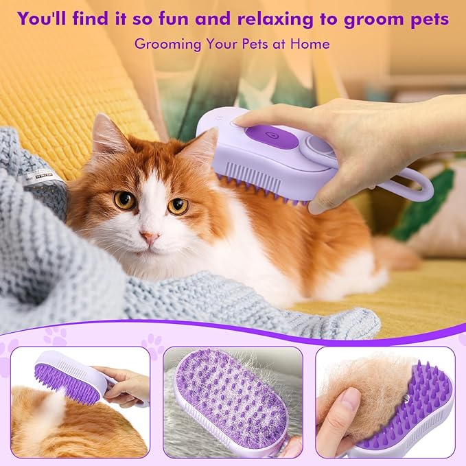 Pet Steam Brush for Shedding, 4-in-1 Cat Brush with 360° Rotating Arm for Short and Long Hair Cats and Dogs Grooming Supplies