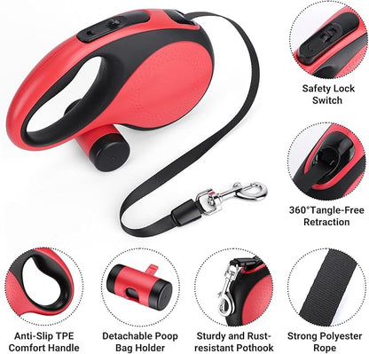 Segarty 16 Ft Retractable Leash with Waste Bag Dispenser, 5m Dog Leash Anti-Slip Handle and 360°Tangle-Free Retraction for Pets up to 66 lbs, Dogs Walking Accessories with One-Handed Brake Pause Lock