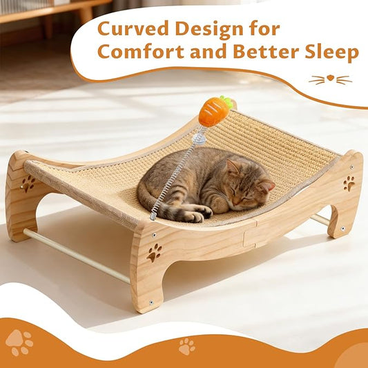 Cat Scratcher Bed with Interactive Carrot Toy - 3-in-1 Wooden Sisal Scratching Pad, Hammock Lounge & Play Center for Indoor Cats - Furniture Protector, Solid Wood Frame (Extra Large)