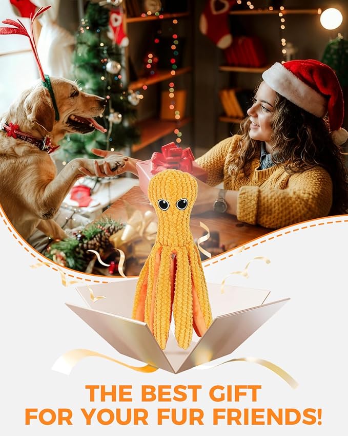 Crinkle Squeaky Dog Toys for Medium Dogs, Durable Plush Chew Toys for Tough Play, Interactive Tug of War Toy, Teething Gift to Keep Them Busy and Relieve Boredom (Yellow Octopus)