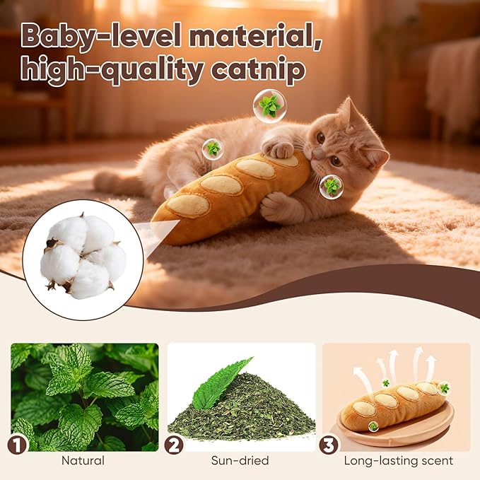 CiyvoLyeen Bread Catnip Toys, Cat Toy for Indoor Interactive Toys, Kitten Chew Bite Kick Toy Baguette Croissant Pretzel Toast Bun Cinnamon Roll Plush Catmint Pet Birthday Presents 6 Pack