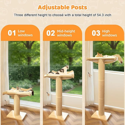 54.3" Cat Window Perch with 3 Adjustable Roman Column Sisal Posts, White Rabbit Fleece Cushions, Drill-Free Suction Cups, Multi-Level Climbing Perch, 60 lbs Capacity