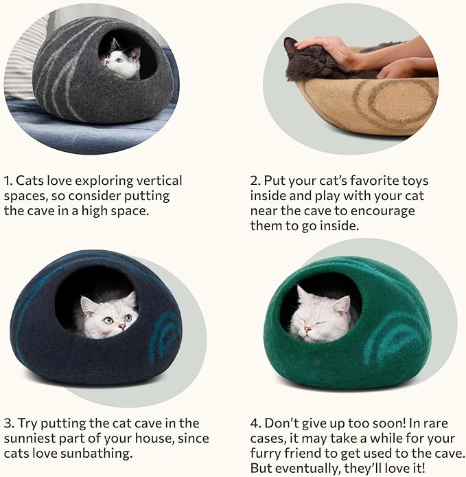 MEOWFIA Cat Cave – Premium Felt Cat Bed for Indoor Cats, Handmade Merino Wool (Dark Grey, Large)
