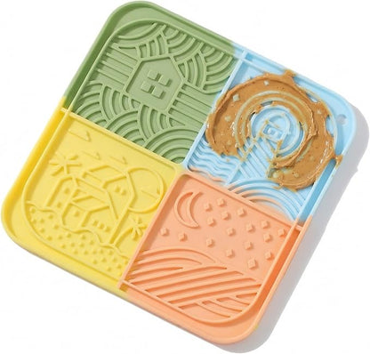 Dog Lick Mat with Suction Cups, 4-Texture Enrichment Slow Feeder for Dogs & Cats, Non-Slip Silicone Licking Pad for Anxiety Relief, Bathing & Training (Colorful)
