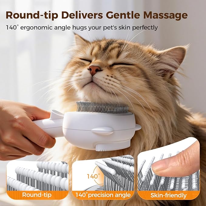 Self Cleaning Shedding Steam Cat Brush, Silicone Scraper Included Dog Brush, Adorable Bear Design, primecat, Cat Brushes for Shedding, USB Rechargeable, for Grooming & Haired Pets, Dogs & Cats, White