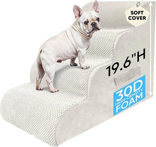 PAWSCART Pet Stairs for Dogs 4-Step, 19.6" H Pet Stairs for High Bed, Couch Sofa & Chair, 30D Material Soft Foam Dog Steps with Non-Slip Bottom Surface Removable Washable Cover, Beige