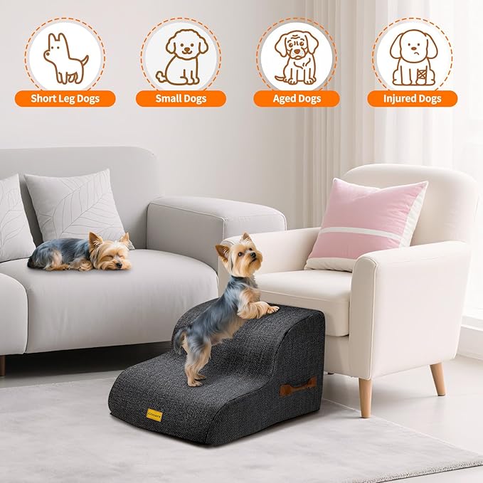 Gimars Extra Wide Sturdy 30D High Density Foam 2-Step Dog Stairs for Sofa, Pet Stair for Small Medium Dog Black