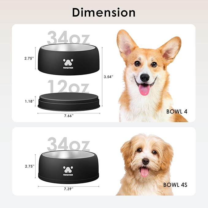 PAWGETHER® Stainless Steel Dog Bowls, Dog Food and Water Bowl Non-Slip Easy to Clean Dishwasher Safe for Puppy Small Medium Dogs Cats Black 34oz