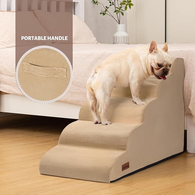 5-Step Dog Stairs and Ramp for High Bed, Non-Slip Sturdy Pet Steps for Small Dogs and Cats,22.2" H,Khaki