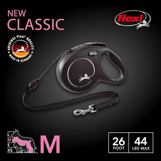 FLEXI New Classic Cord Retractable Dog Leash for Medium Dogs up to 44 lbs. – 26 ft., Black | Tangle-Free Pet Walking Leash with One-Handed Brake, Pause, Lock | German Quality Product