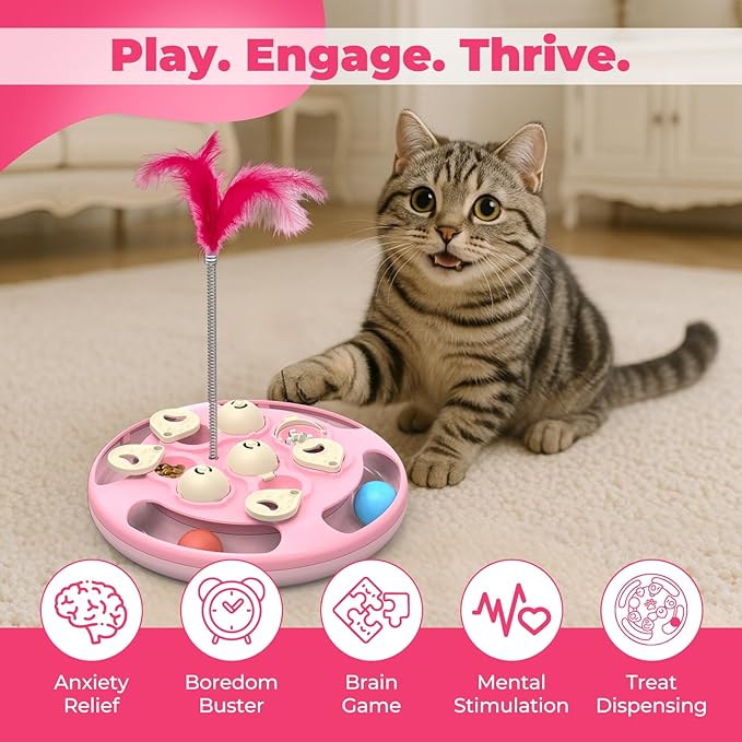 Cat Puzzle Toys Games Level 3 in 1 with Track Balls, Feather Teaser & Treat Feeder | Non-Slip Base | Mental Stimulation Enrichment for Indoor Cats | Kitty Gift, Pink