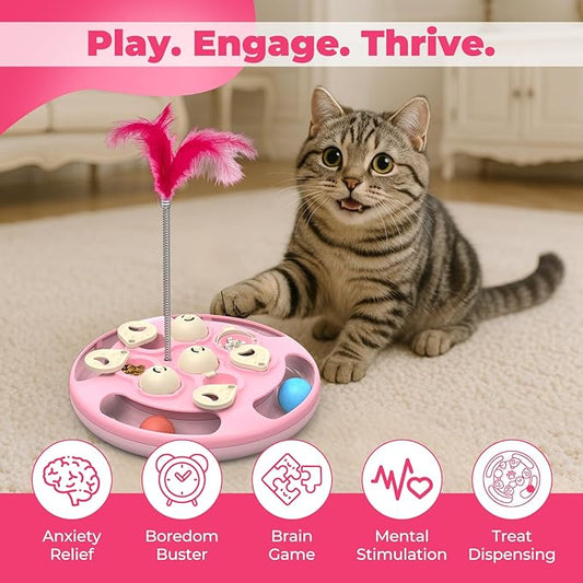 Cat Puzzle Toys Games Level 3 in 1 with Track Balls, Feather Teaser & Treat Feeder | Non-Slip Base | Mental Stimulation Enrichment for Indoor Cats | Kitty Gift, Pink