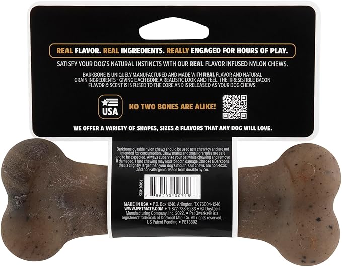 Pet Qwerks Original BarkBone Nylon Dog Bone Durable Dog Chew Toy for Aggressive Chewers - Bacon Flavor - 6.1", Made in USA