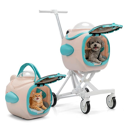 COZIWOW Pet Stroller with Temperature Display & Ventilation Fan, Foldable 4-Wheel Cat Dog Stroller with Anti-Irritation Privacy Barrier, Night Light, Detachable Car Seat Carrier for Small & Medium Pet