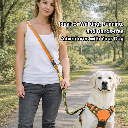 EVERKING 6-in-1 Hands-Free Dog Leash, Adjustable Elastic Reflective Nylon, Dual-Handle Shock Absorbing, 6 Feet, for Small to Large Dogs 30-150lbs (Golden Olive)