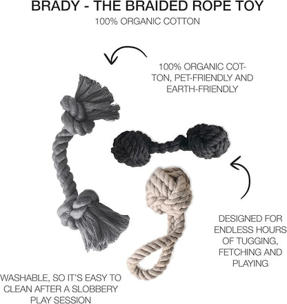 Brady The Rope Tug Toy 3-Pack Organic Cotton Dog Rope Pull Toys for All Pet Breeds, Black Ombre, One Size