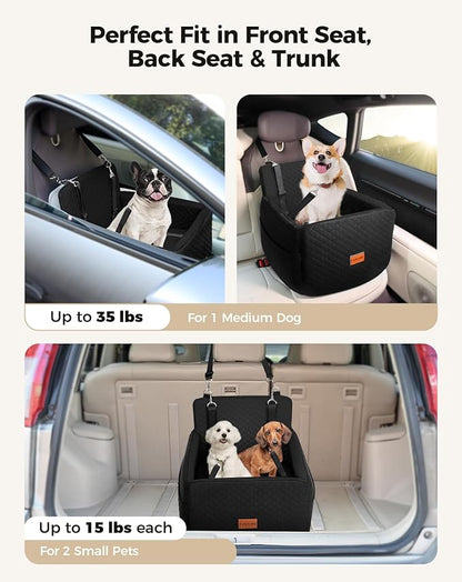 Dog Car Seat for Small & Medium Dogs Under 35lbs, Detachable & Washable Pet Car Seat, Interior Height 6 Inches Dog Booster Seat with Storage Pockets and 2 Dogs Safety Belts (Black)