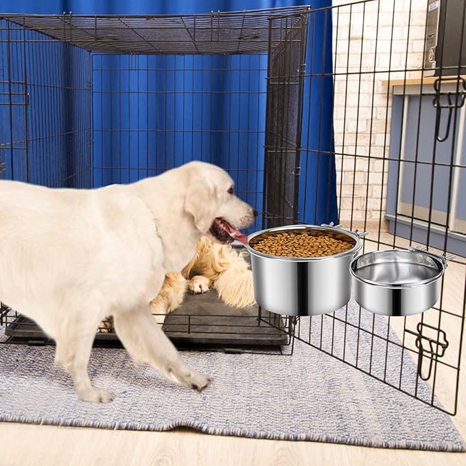 2 Pcs Large Dog Food Water Bowl for Cage with Upgraded Clamp Holder, Pet Kennel Hanging Bowls Stainless Steel Non-Spill Detectable Bowls Crate Feeder Dish for Large Dogs (7x3.7''& 6.3x2.5'')