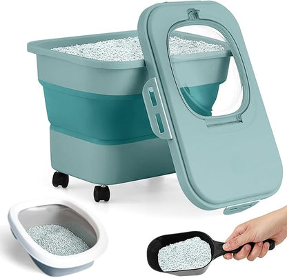 Juexica Collapsible Cat Litter Storage Bin Container with Rolling Casters, 20 Lbs Portable Cat Litter Storage Container with Airtight Lids, Shovel, Kitchen Cereal Rice Leakproof Sealable(Green)