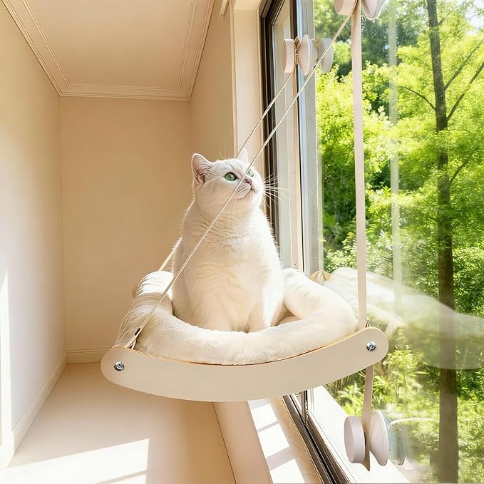 Kilodor Cat Window Perch, Cat Hammock for Window with 4 Strong Suction Cups - Easy Assembly, Solid Wood Frame with Large Cats Bed - Supports Up to 40lbs for Indoor Cats Beige