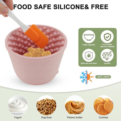 Slow Feeder Dog Bowls, Silicone Dog Lick Bowl with Brush & Scraper, Non-Slip Base Slow Feeder for Anxiety Alleviating & Oral Health, Pinkish Purple