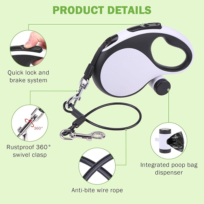 SCENEREAL Retractable Dog Leash for Small Medium Large Dogs up to 110lbs, 26ft 360° Tangle-Free Nylon Tape with Anti-Chewing Wire Rope&Waste Bag Dispenser, Heavy Duty Long Durable One-Handed Brake