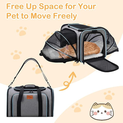 Expandable Airline Approved Pet Carrier, Soft-Sided Travel Bag for Small Cats Dogs with Hard Shell Base, Removable Fleece Pad, Ventilated Mesh, Gray (Blue Trim)