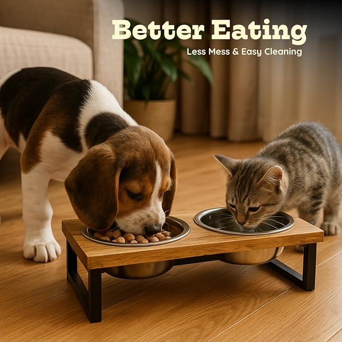 Elevated Dog Bowls, 4.5” Small Dogs/Cats Only Raised Bowl Mango Wood Stand, Food & Water 2 Stainless Steel Dishes Each 32oz/4Cup Capacity, Non-Slip Pet Feeder Station in Brown, toy Breeds