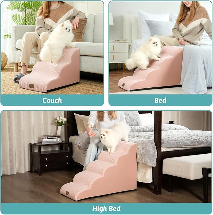 Dog Stairs for Small Dogs 19.7" H, Curved Dog Step for Puppy, Older or Cat, Medium Pet Ramp for Sofa, Couch or Bed, Ladder with High Density Foam, 4 Step, 15.7x28.3x19.7 inch, Pink