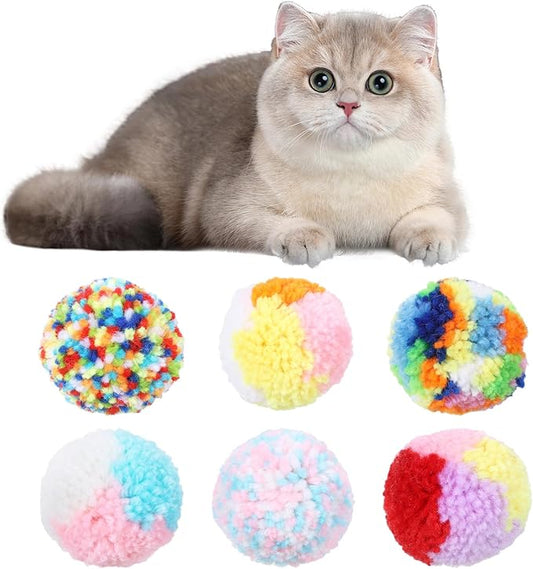 6 PCS Cat Pom Pom Balls, Cats Balls Toy Multicolor Cat Toys for Indoor Cats Kitty Yarn Puffs Small Plush Soft Ball Lightweight Interactive Indoor Kitten Chasing Toy