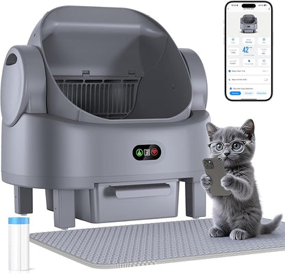 Self Cleaning Cat Litter Box, Open-Top Large Automatic Litter Box for Multiple Cats with Safety Sensors, Includes Liner Bags and Litter Mat Light Grey