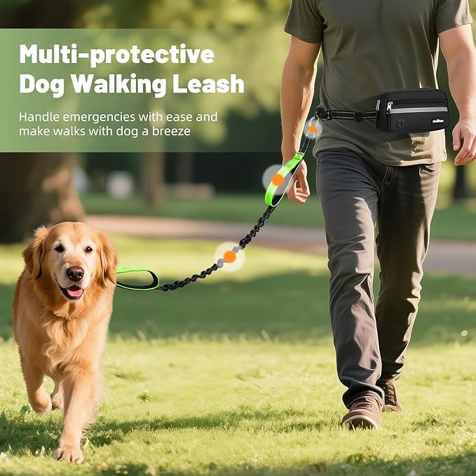 Hands Free Dog Leash with Pouch, Waist Leash for Dog Walking, Jogging, Hiking, Retractable Leashes with Dual Padded Handles, Adjustable Reflective Belt for Small Medium Large Dogs, Black Green