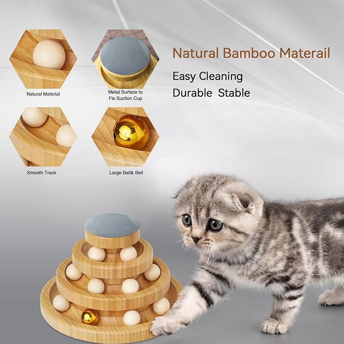 Wooden Cat Ball Track Toy 3-Layer Cat Ball Tower Toy with Suction Cup Cat Teaser Wand Set,Bamboo Cat Toys for Indoor Spinning Bell Balls Kitten Exercise Mental Physical,3pcs Replacement Feathers