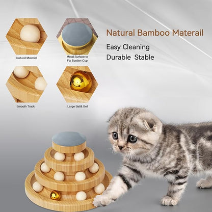 Wooden Cat Ball Track Toy 3-Layer Cat Ball Tower Toy with Suction Cup Cat Teaser Wand Set,Bamboo Cat Toys for Indoor Spinning Bell Balls Kitten Exercise Mental Physical,3pcs Replacement Feathers