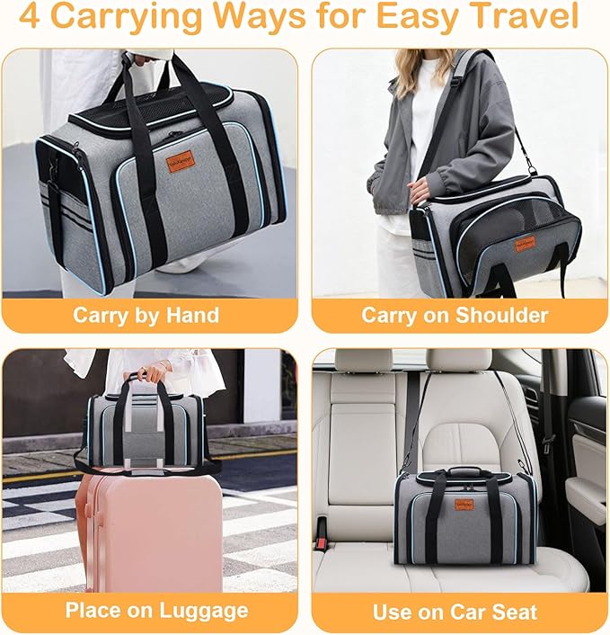 Expandable Airline Approved Pet Carrier, Soft-Sided Travel Bag for Small Cats Dogs with Hard Shell Base, Removable Fleece Pad, Ventilated Mesh, Gray (Blue Trim)