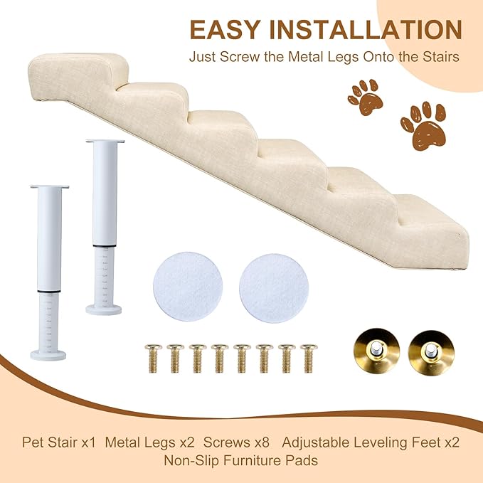 Adjustable Dog Stairs & Ramp for Cats and Dogs, 6-Step Pet Stairs for High Beds and Couch, 21.2"–24.4" Height, Linen Faux Leather, Waterproof, Scratch-Resistant, Non-Slip Indoor Pet Ramp