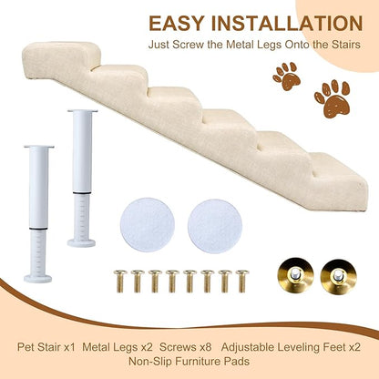 Adjustable Dog Stairs & Ramp for Cats and Dogs, 6-Step Pet Stairs for High Beds and Couch, 21.2"–24.4" Height, Linen Faux Leather, Waterproof, Scratch-Resistant, Non-Slip Indoor Pet Ramp