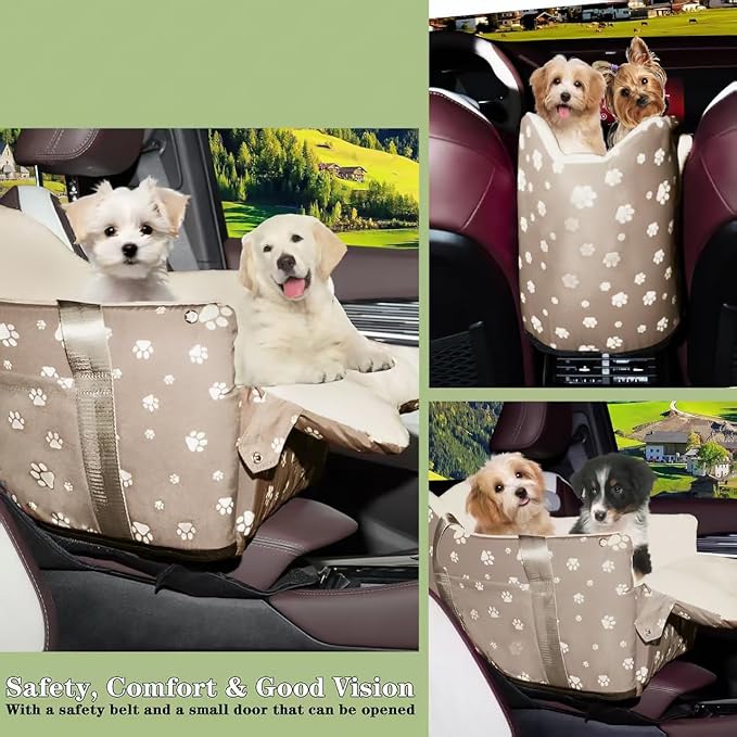 Dog Car Seat for Console - Memory Foam Pet Booster Seat for Small Medium Dogs Up to 21 lbs - SUV Truck Center Console Dog Seat with Safety Leash & Storage Pockets - Washable Cover (Large Khaki)