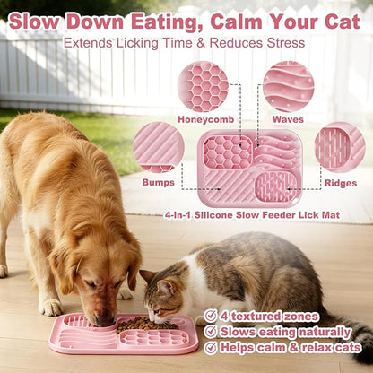 AZY 3-Piece Slow Feeder Cat Bowl and Lick Mat Set – Silicone Cat Treat Spoon & Feeding Mat for Wet Food, Enrichment and Slow Eating (Pink)