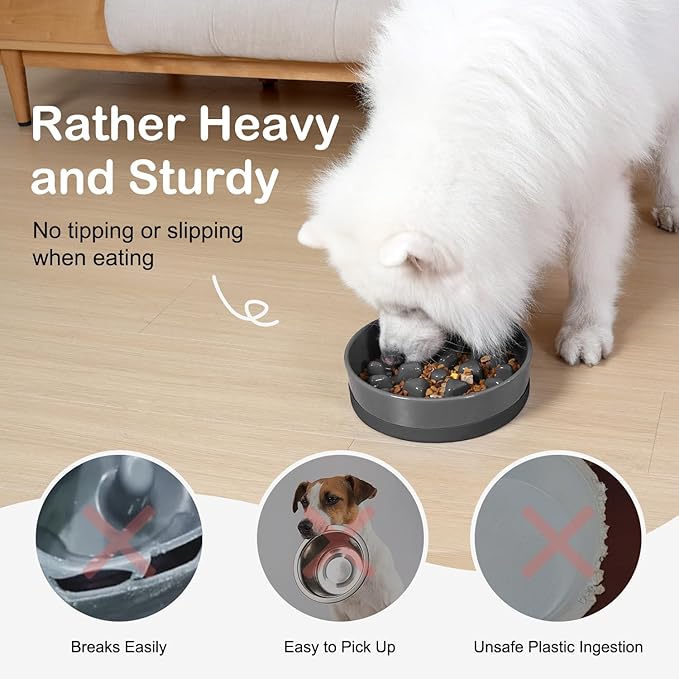 Sted Ceramic Slow Feeder Dog Bowls for Medium Large Breed, Slow Feeding Dog Bowl, Dogs Food Bowls for Fast Eaters, Puzzle Dogs Food Bowl with Silicone Base, Maze Grey