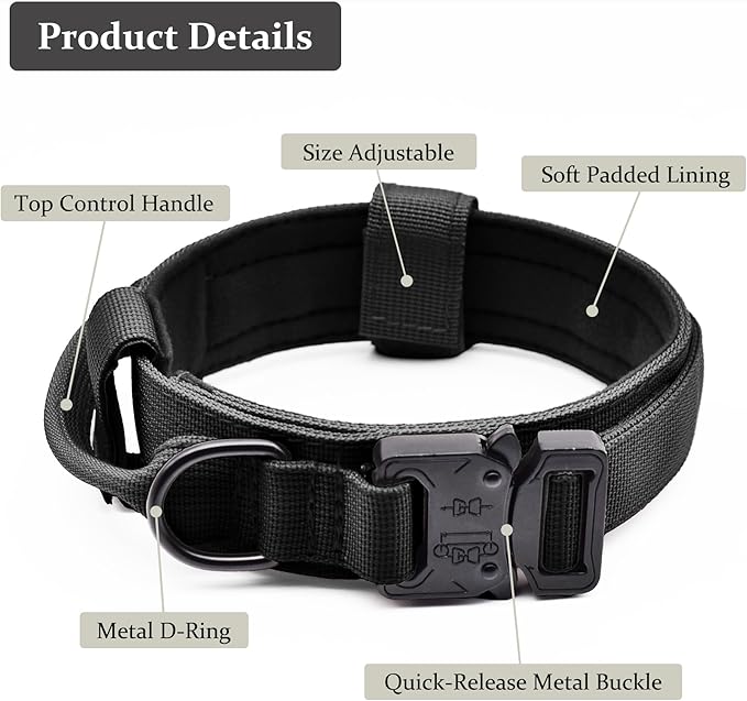 Tactical Dog Collar, Adjustable Military Training Nylon Dog Collar with Control Handle and Heavy Quick-Release Metal Buckle for Small Medium Large Dogs, Black S