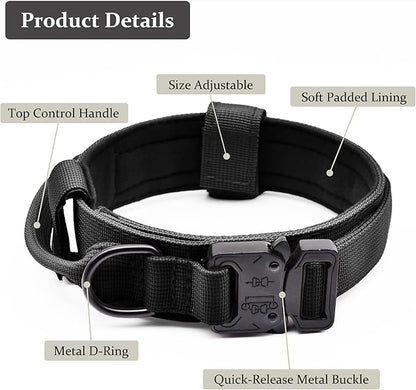 Tactical Dog Collar, Adjustable Military Training Nylon Dog Collar with Control Handle and Heavy Quick-Release Metal Buckle for Small Medium Large Dogs, Black S